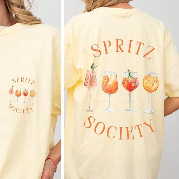 Yellow Casual Women's Cocktail And Letter Graphic Drop Shoulder Oversized Tee - Picture 1 of 3